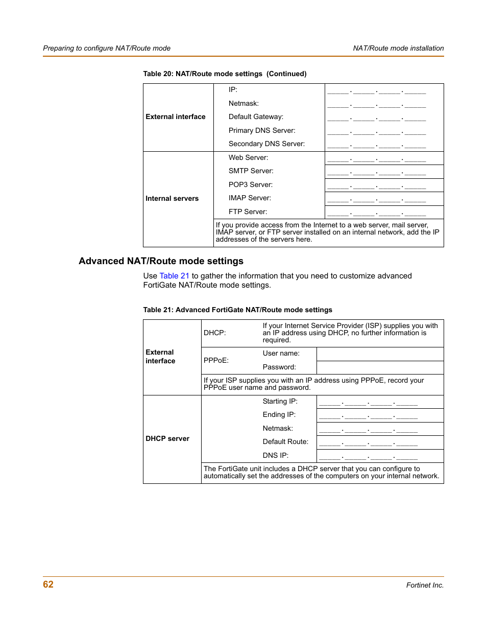 Advanced nat/route mode settings | Fortinet FortiGate 4000 User Manual | Page 62 / 332