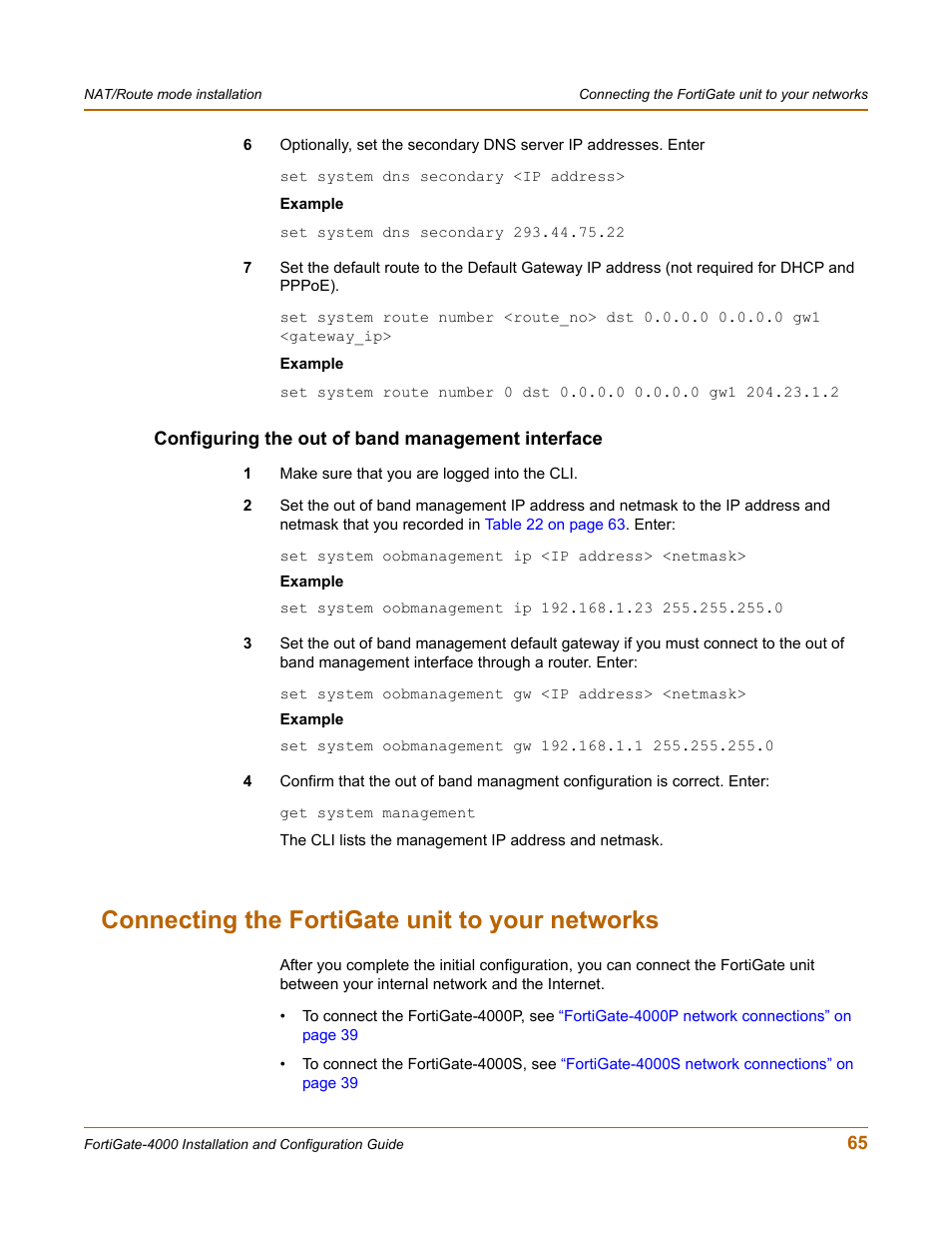 Configuring the out of band management interface, Connecting the fortigate unit to your networks | Fortinet FortiGate 4000 User Manual | Page 65 / 332