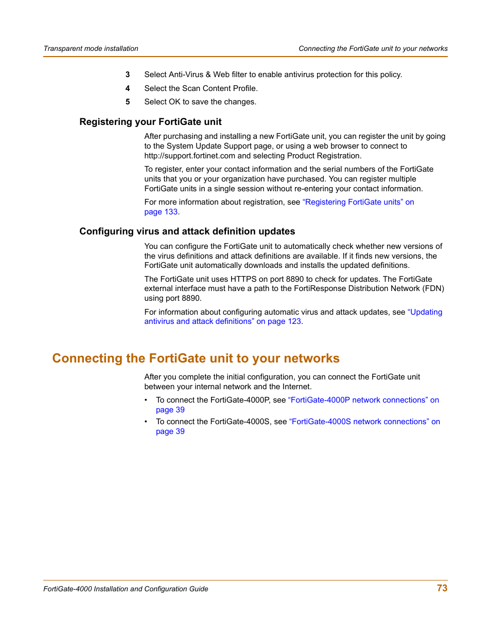 Registering your fortigate unit, Configuring virus and attack definition updates, Connecting the fortigate unit to your networks | Fortinet FortiGate 4000 User Manual | Page 73 / 332