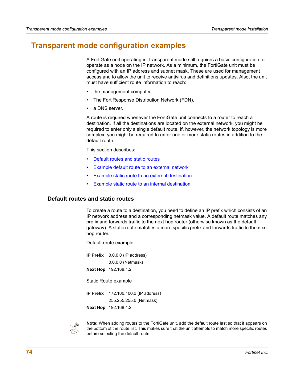 Transparent mode configuration examples, Default routes and static routes | Fortinet FortiGate 4000 User Manual | Page 74 / 332