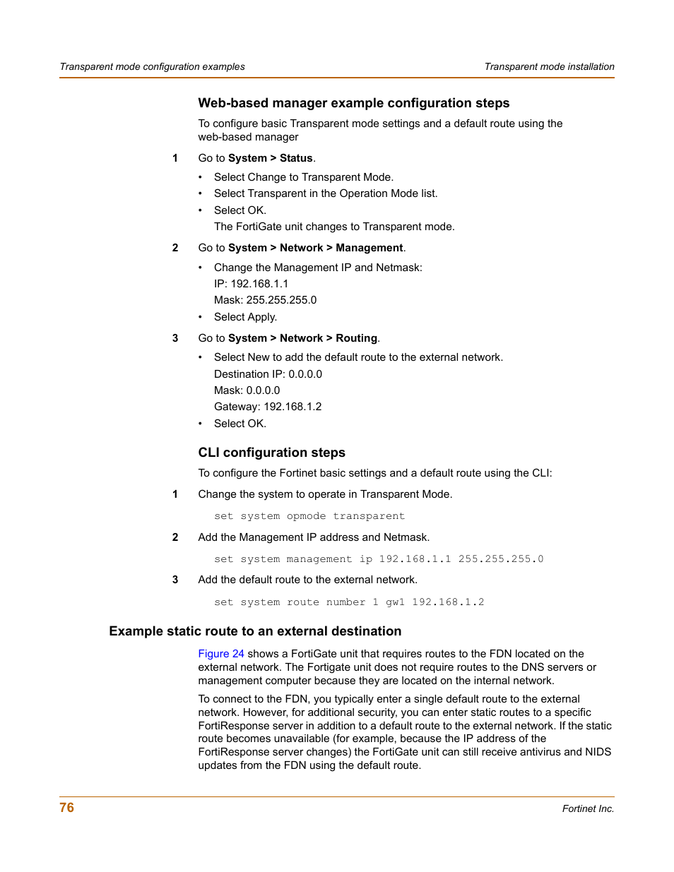 Web-based manager example configuration steps, Cli configuration steps, Example static route to an external destination | Fortinet FortiGate 4000 User Manual | Page 76 / 332