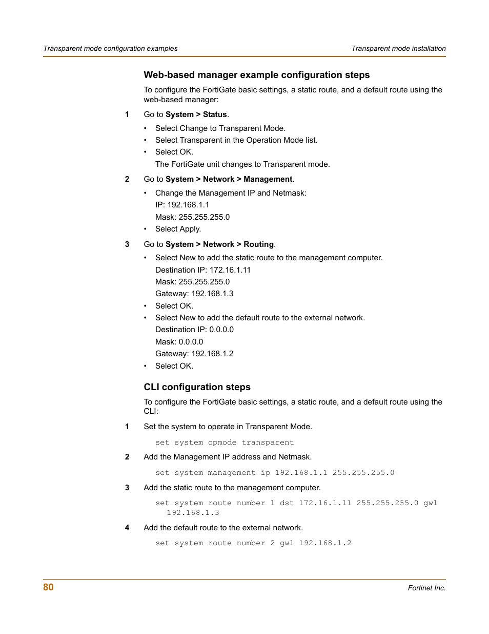 Web-based manager example configuration steps, Cli configuration steps | Fortinet FortiGate 4000 User Manual | Page 80 / 332