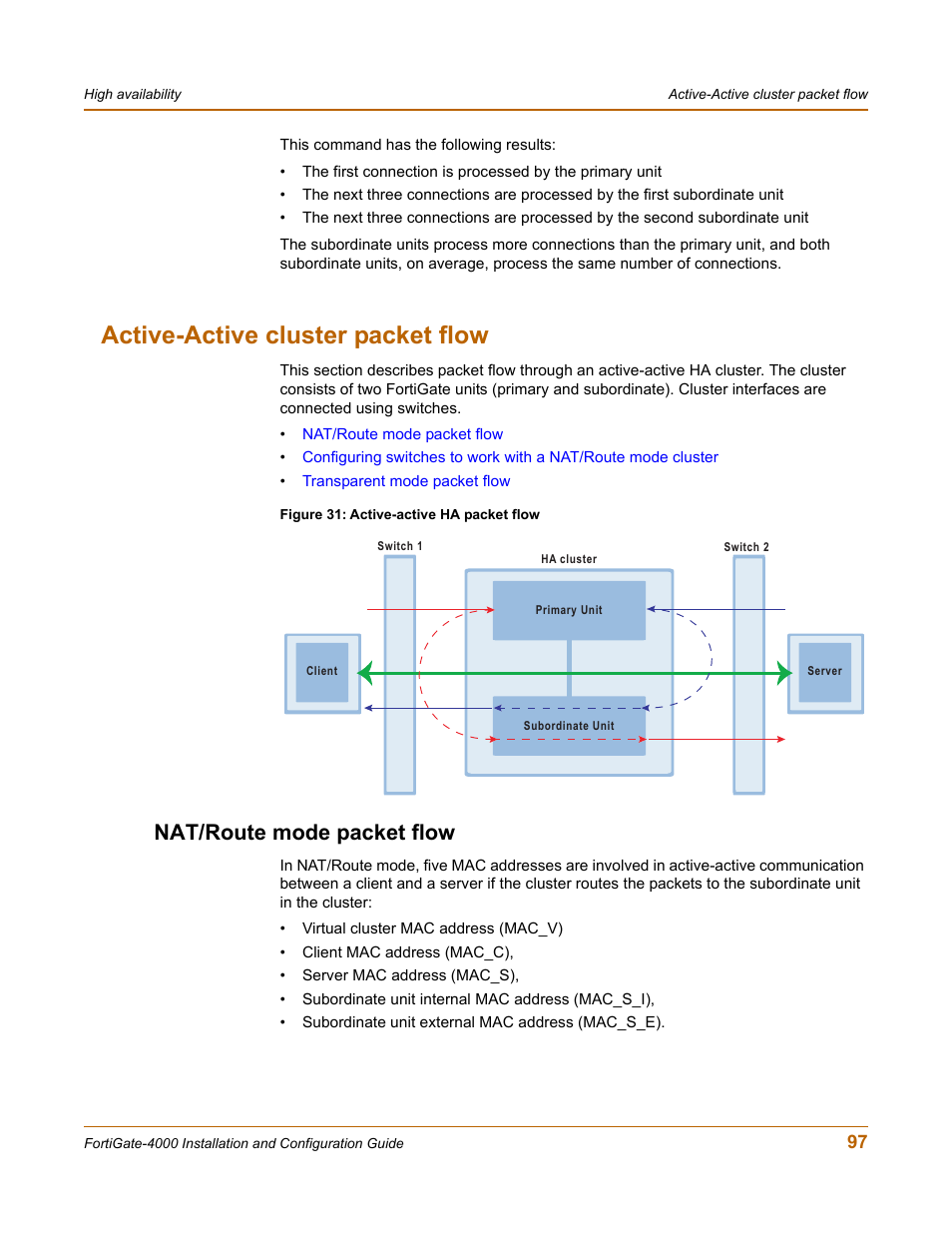 Active-active cluster packet flow, Nat/route mode packet flow | Fortinet FortiGate 4000 User Manual | Page 97 / 332