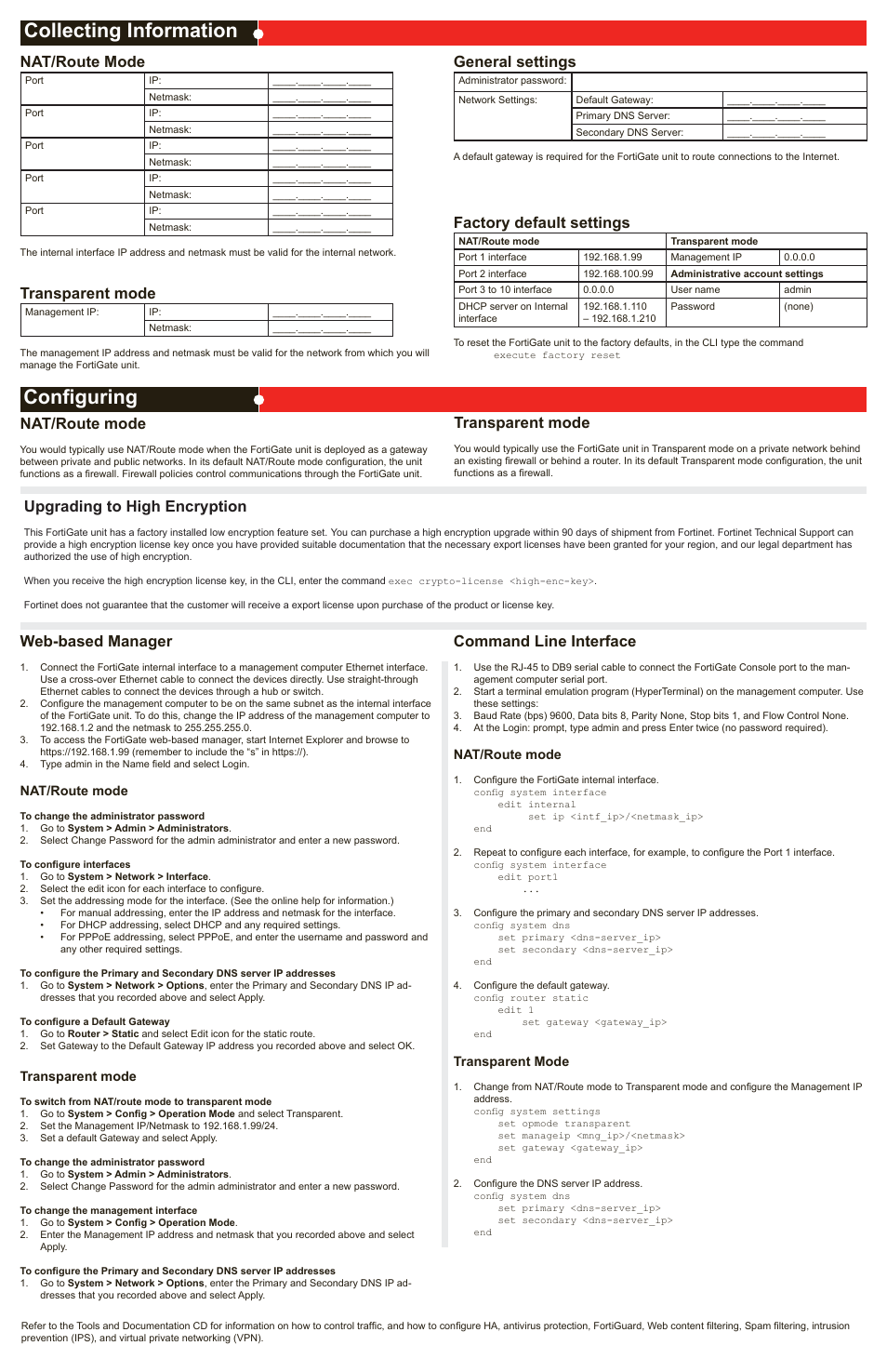 Collecting information configuring, Nat/route mode, Transparent mode | General settings, Factory default settings, Web-based manager, Command line interface, Upgrading to high encryption | Fortinet FortiGate 3810A-LENC User Manual | Page 2 / 2