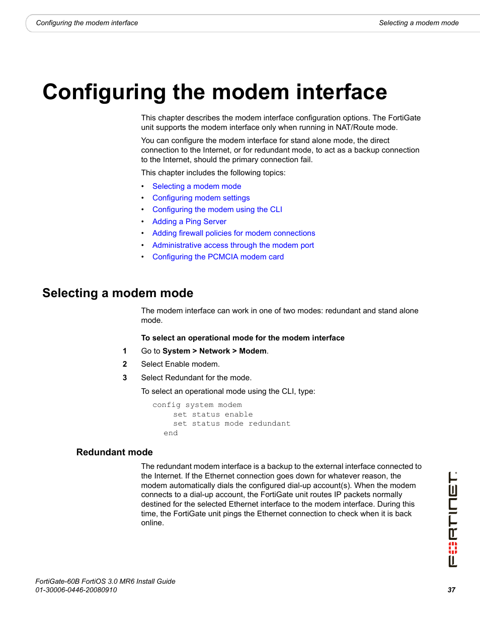 Configuring the modem interface, Selecting a modem mode, Redundant mode | Fortinet FortiGate 60B User Manual | Page 37 / 66