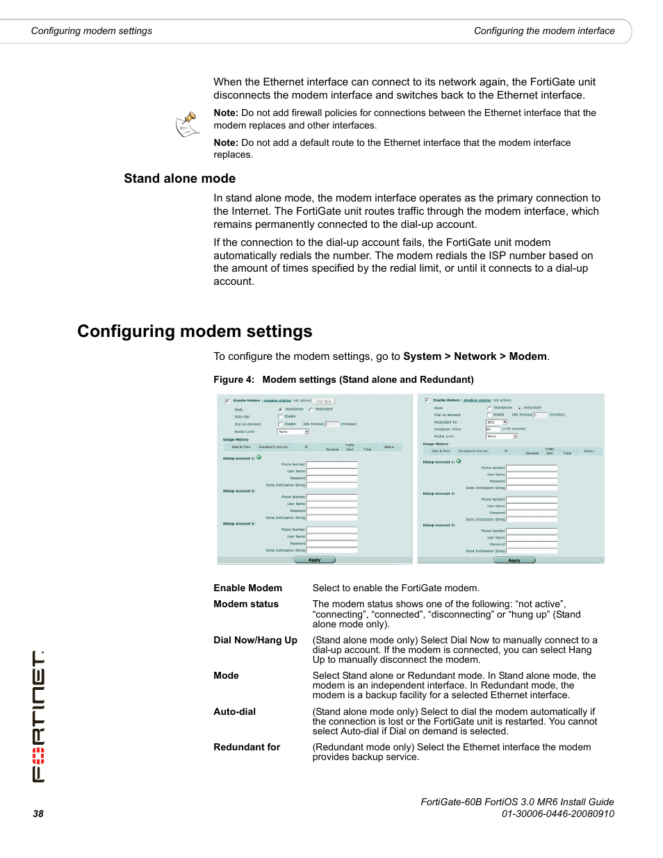 Stand alone mode, Configuring modem settings | Fortinet FortiGate 60B User Manual | Page 38 / 66