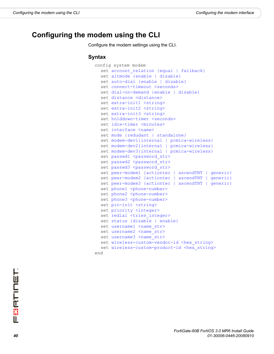 Configuring the modem using the cli, Syntax | Fortinet FortiGate 60B User Manual | Page 40 / 66