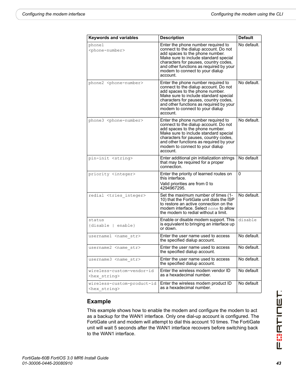 Example, Pin-init <string, Wireless-custom-vendor-id <hex_string | Wireless-custom-product-id <hex_string | Fortinet FortiGate 60B User Manual | Page 43 / 66