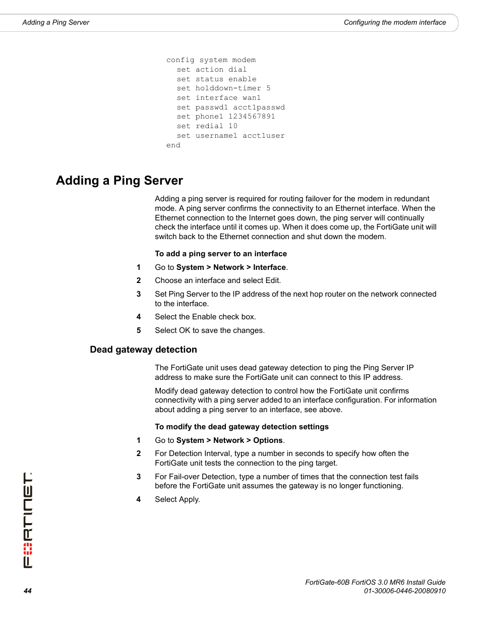 Adding a ping server, Dead gateway detection | Fortinet FortiGate 60B User Manual | Page 44 / 66