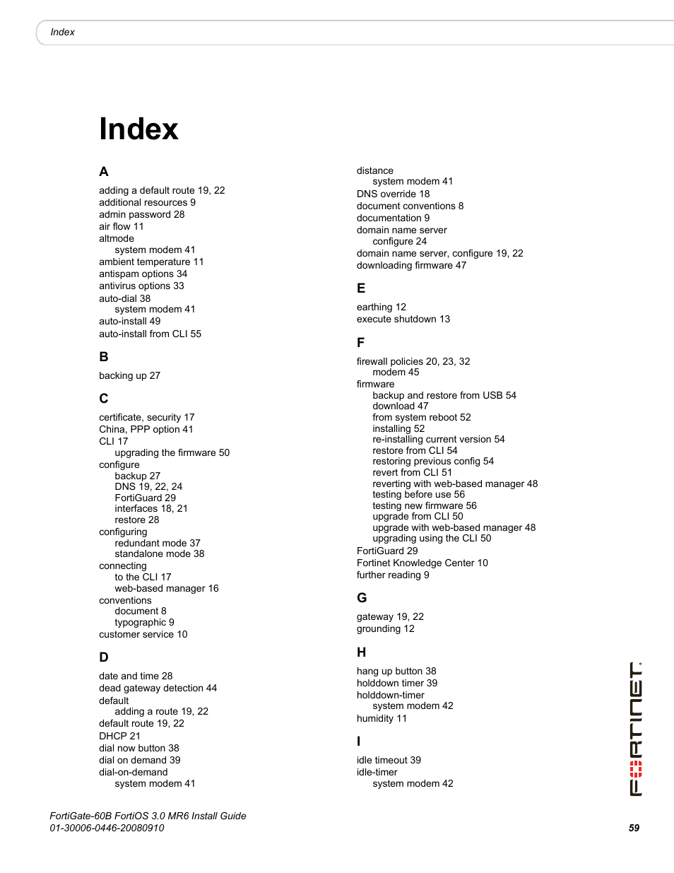 Index | Fortinet FortiGate 60B User Manual | Page 59 / 66