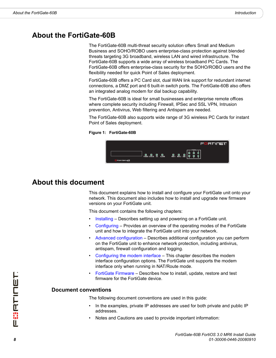 About the fortigate-60b, About this document, Document conventions | Fortinet FortiGate 60B User Manual | Page 8 / 66