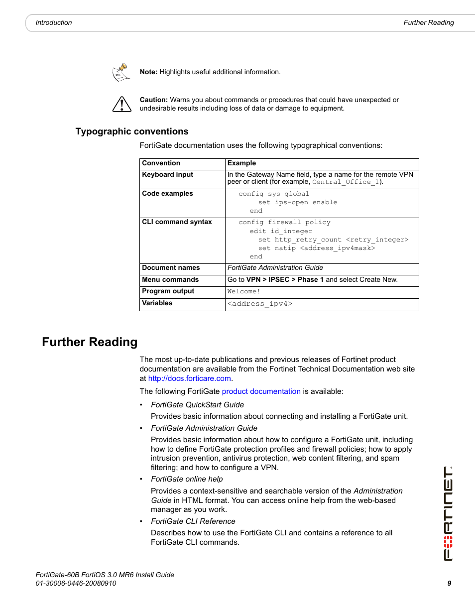 Typographic conventions, Further reading | Fortinet FortiGate 60B User Manual | Page 9 / 66