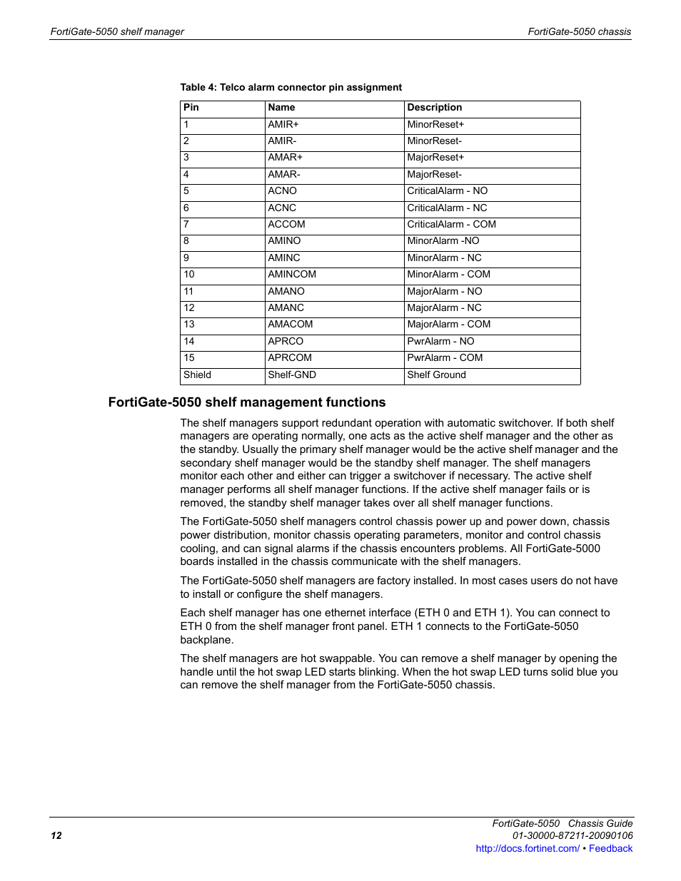 Fortigate-5050 shelf management functions | Fortinet FortiGate 5050 User Manual | Page 12 / 26