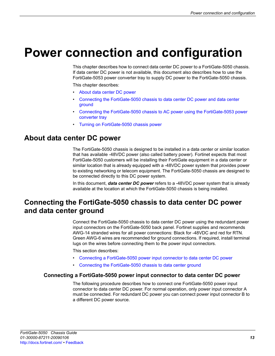 Power connection and configuration, About data center dc power | Fortinet FortiGate 5050 User Manual | Page 13 / 26