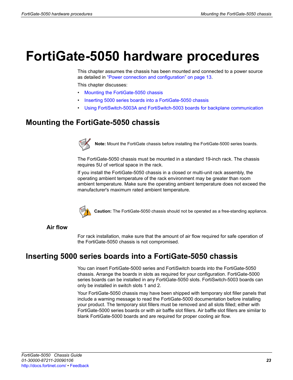 Fortigate-5050 hardware procedures, Mounting the fortigate-5050 chassis, Air flow | Fortinet FortiGate 5050 User Manual | Page 23 / 26