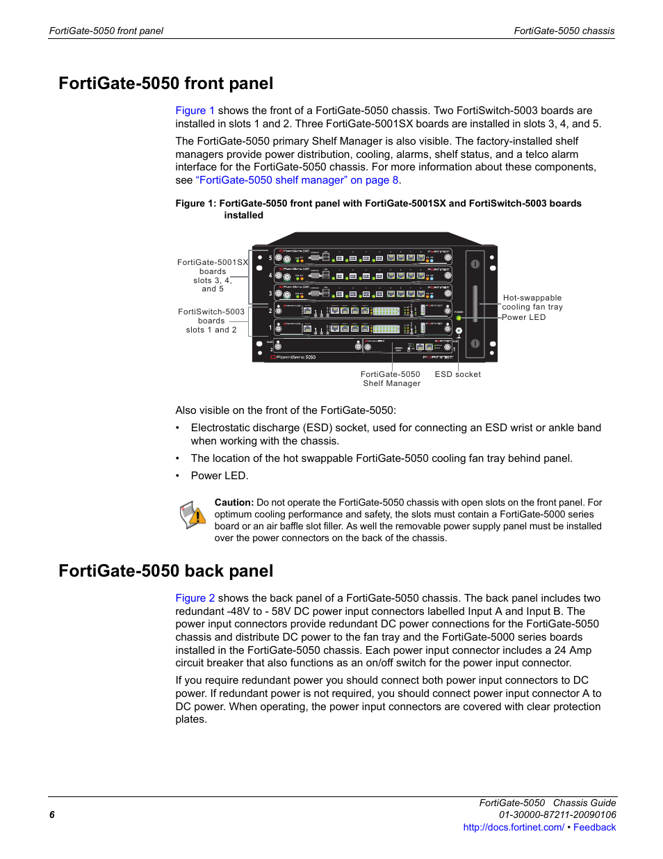 Fortigate-5050 front panel, Fortigate-5050 back panel | Fortinet FortiGate 5050 User Manual | Page 6 / 26