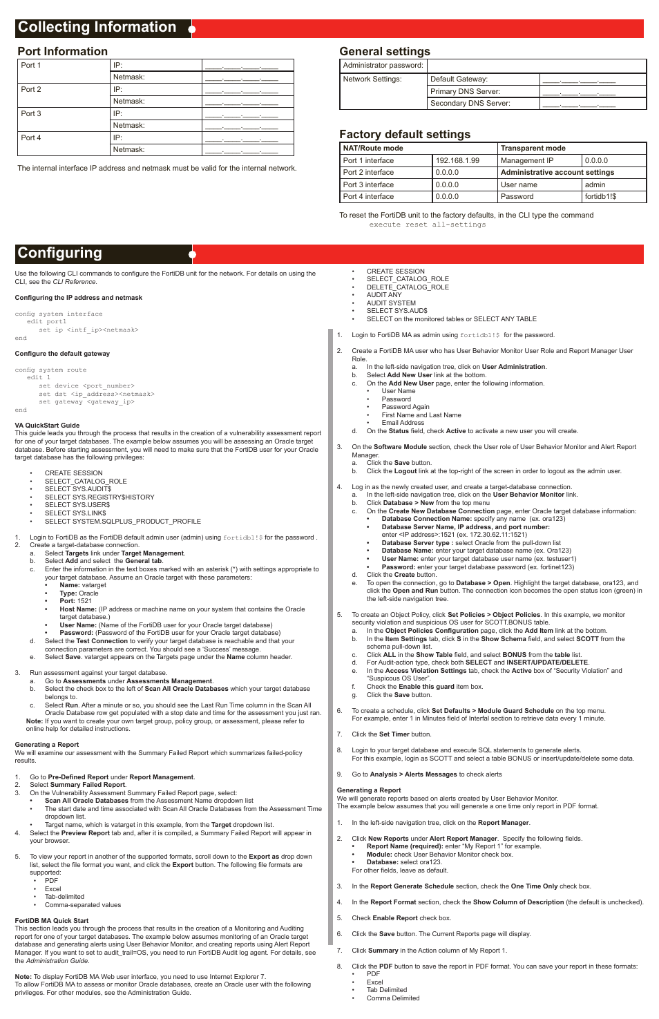 Collecting information configuring, Port information, General settings | Factory default settings | Fortinet FortiDB-2000B User Manual | Page 2 / 2