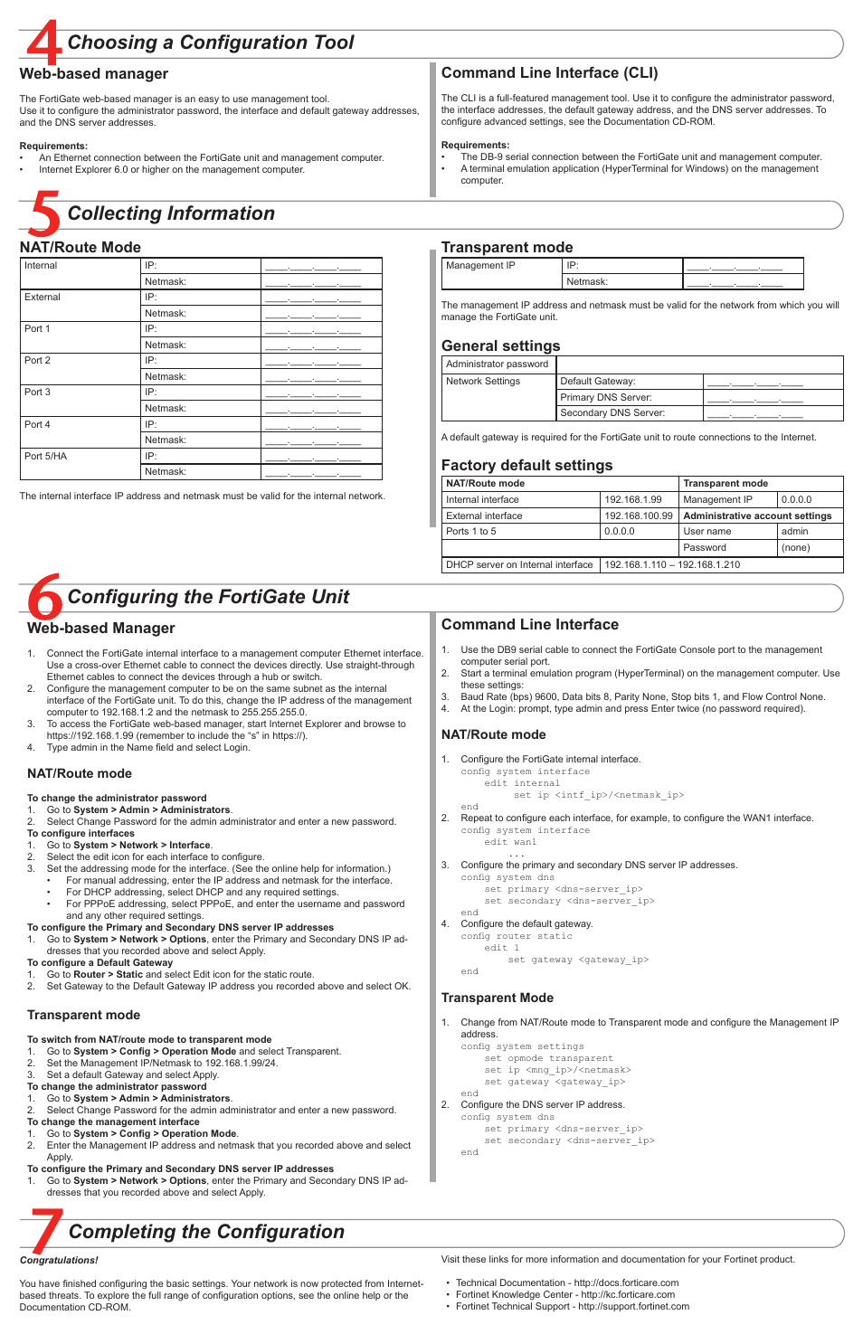 Completing the configuration, Collecting information, Configuring the fortigate unit | Choosing a configuration tool, Nat/route mode, Transparent mode, General settings, Factory default settings, Web-based manager, Command line interface | Fortinet FortiGate 3600 User Manual | Page 2 / 2