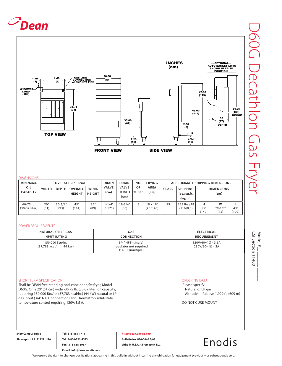 D60 g d ec ath lo n g as fr ye r, Dean | Frymaster D260G User Manual | Page 2 / 2