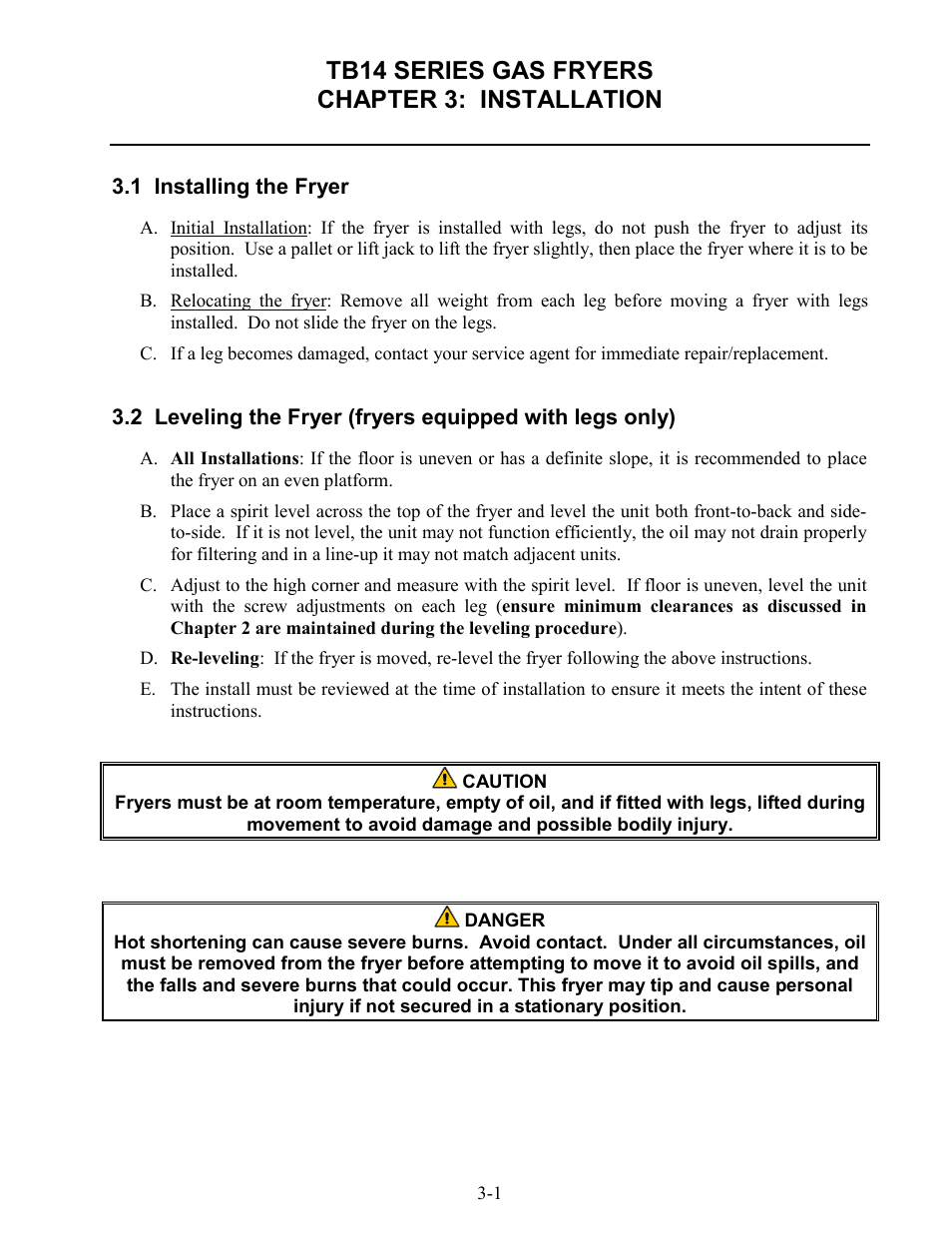 Tb14 series gas fryers chapter 3: installation | Frymaster TB14 User Manual | Page 13 / 60