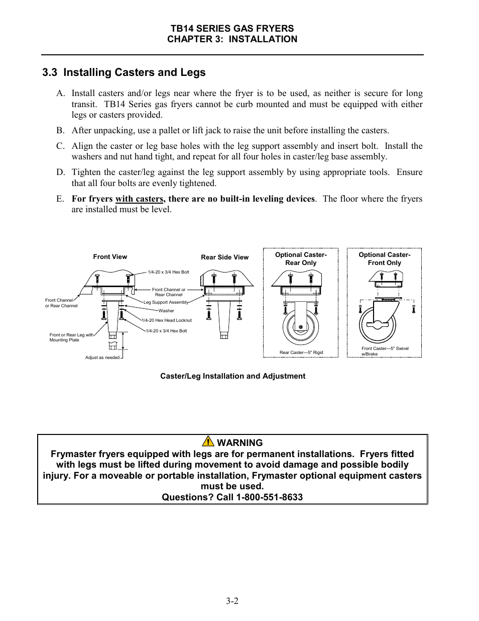3 installing casters and legs | Frymaster TB14 User Manual | Page 14 / 60