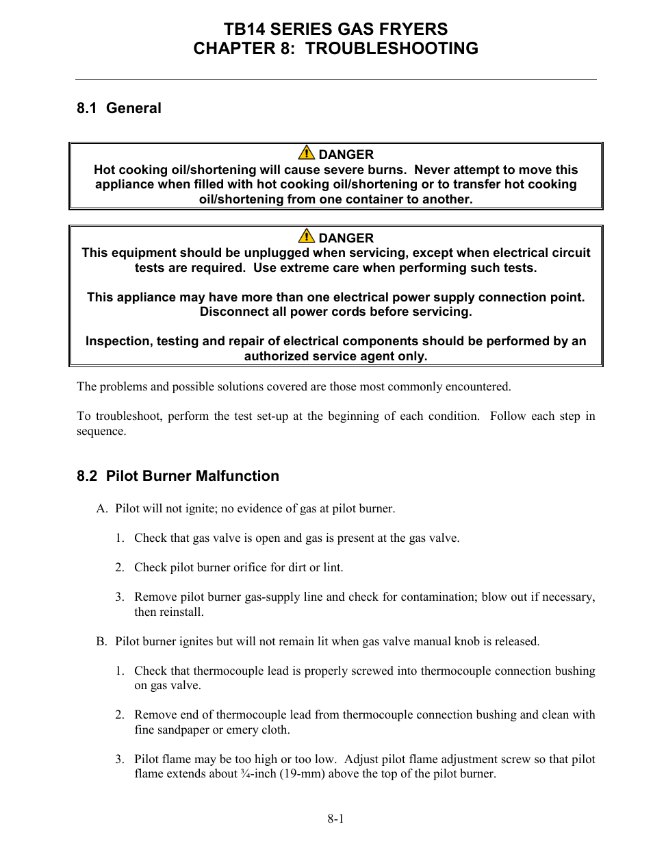 Tb14 series gas fryers chapter 8: troubleshooting | Frymaster TB14 User Manual | Page 45 / 60