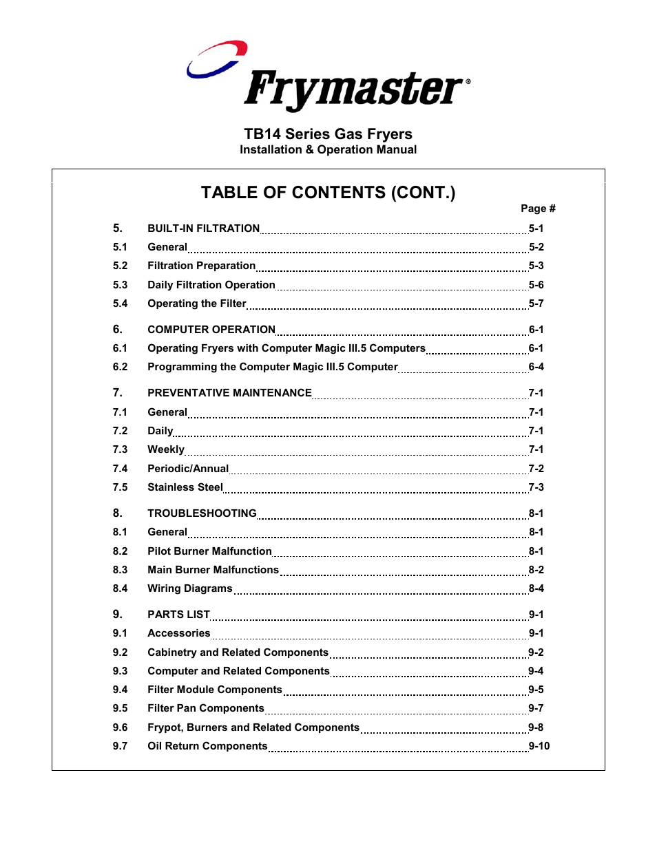 Table of contents (cont.), Tb14 series gas fryers | Frymaster TB14 User Manual | Page 5 / 60