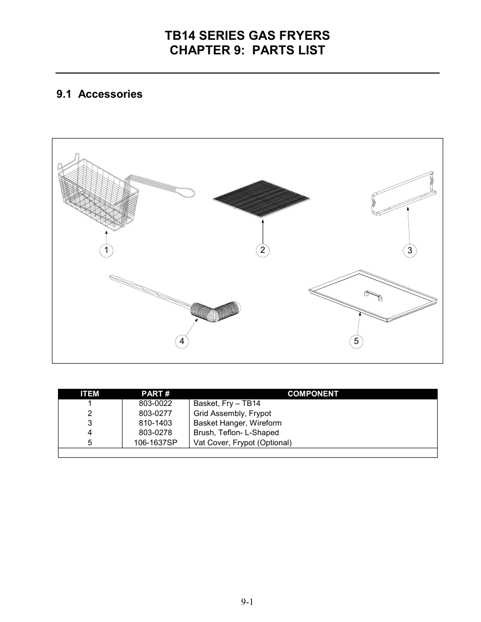 Tb14 series gas fryers chapter 9: parts list, 1 accessories | Frymaster TB14 User Manual | Page 50 / 60