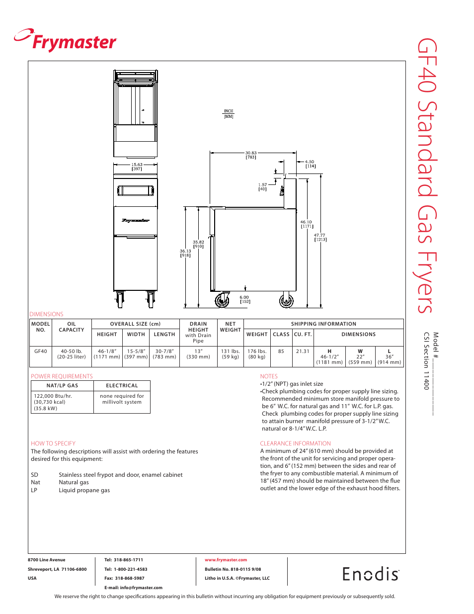 Gf4 0 s ta nd ard g as fr ye rs, Frymaster | Frymaster GF40 User Manual | Page 2 / 2