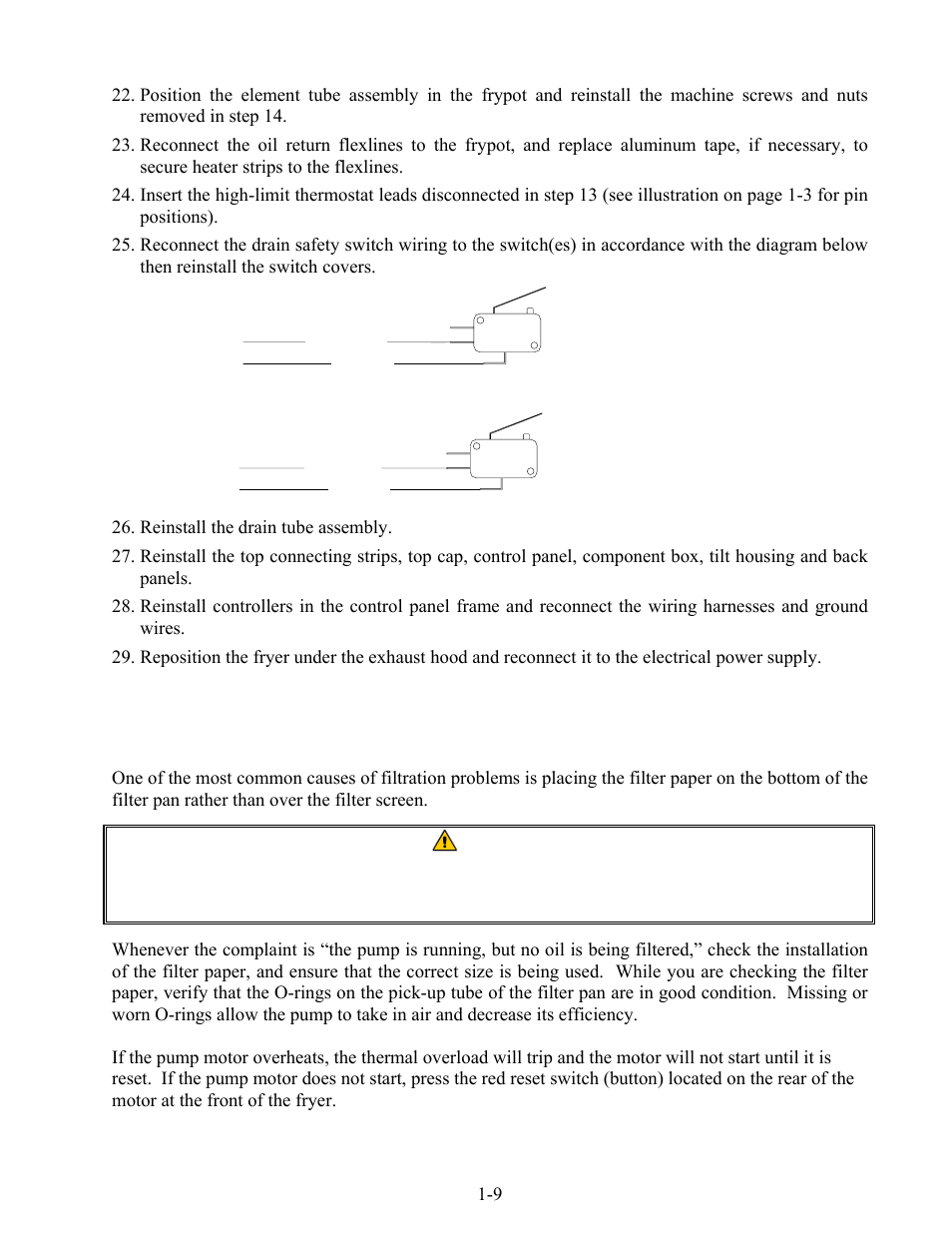 Reinstall the drain tube assembly, 9 built-in filtration system service procedures, 1 filtration system problem resolution | Frymaster FOOTPRINT E4 User Manual | Page 14 / 88