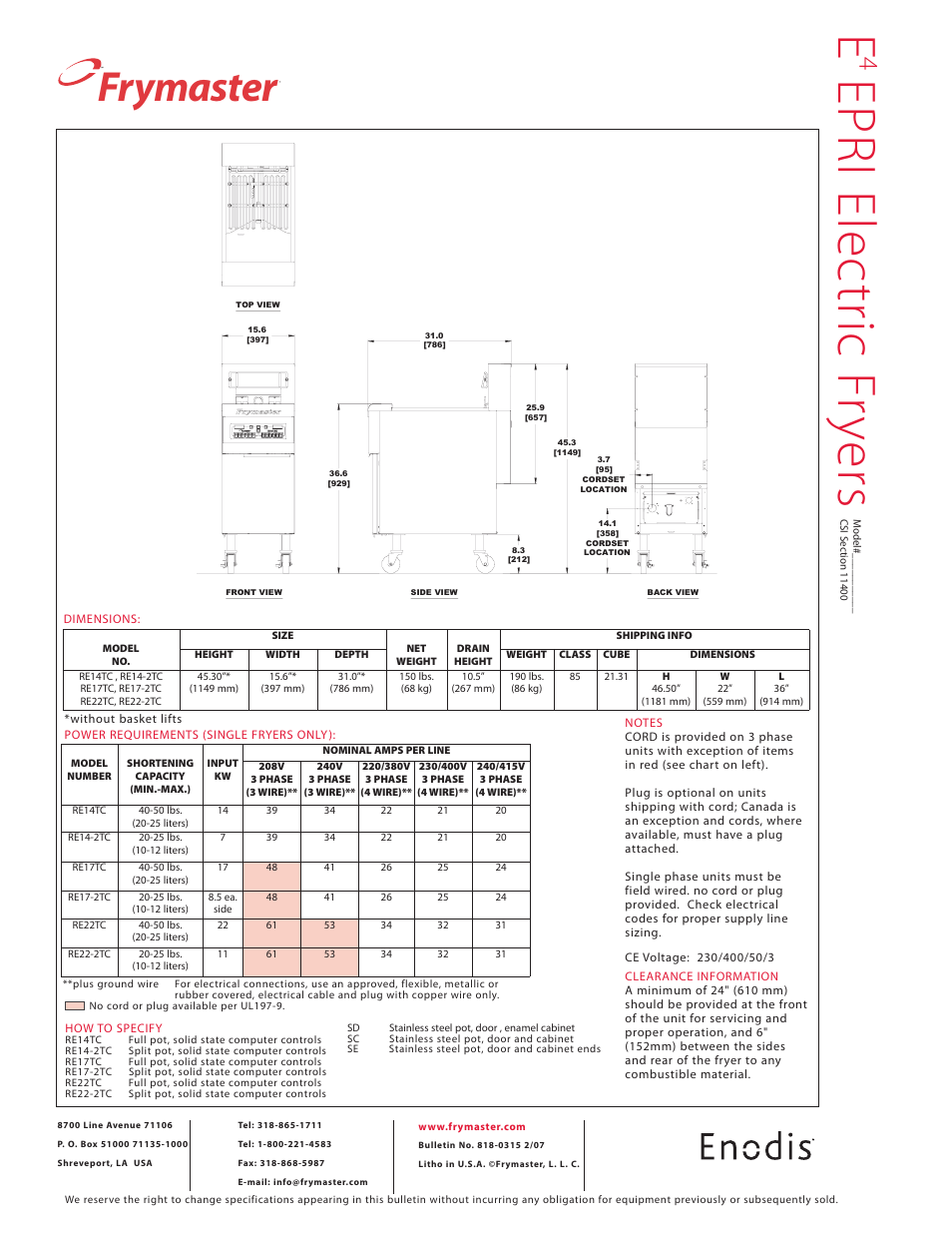 Epri elec tr ic f ry ers, Frymaster | Frymaster Enodis RE22-2TC User Manual | Page 2 / 2