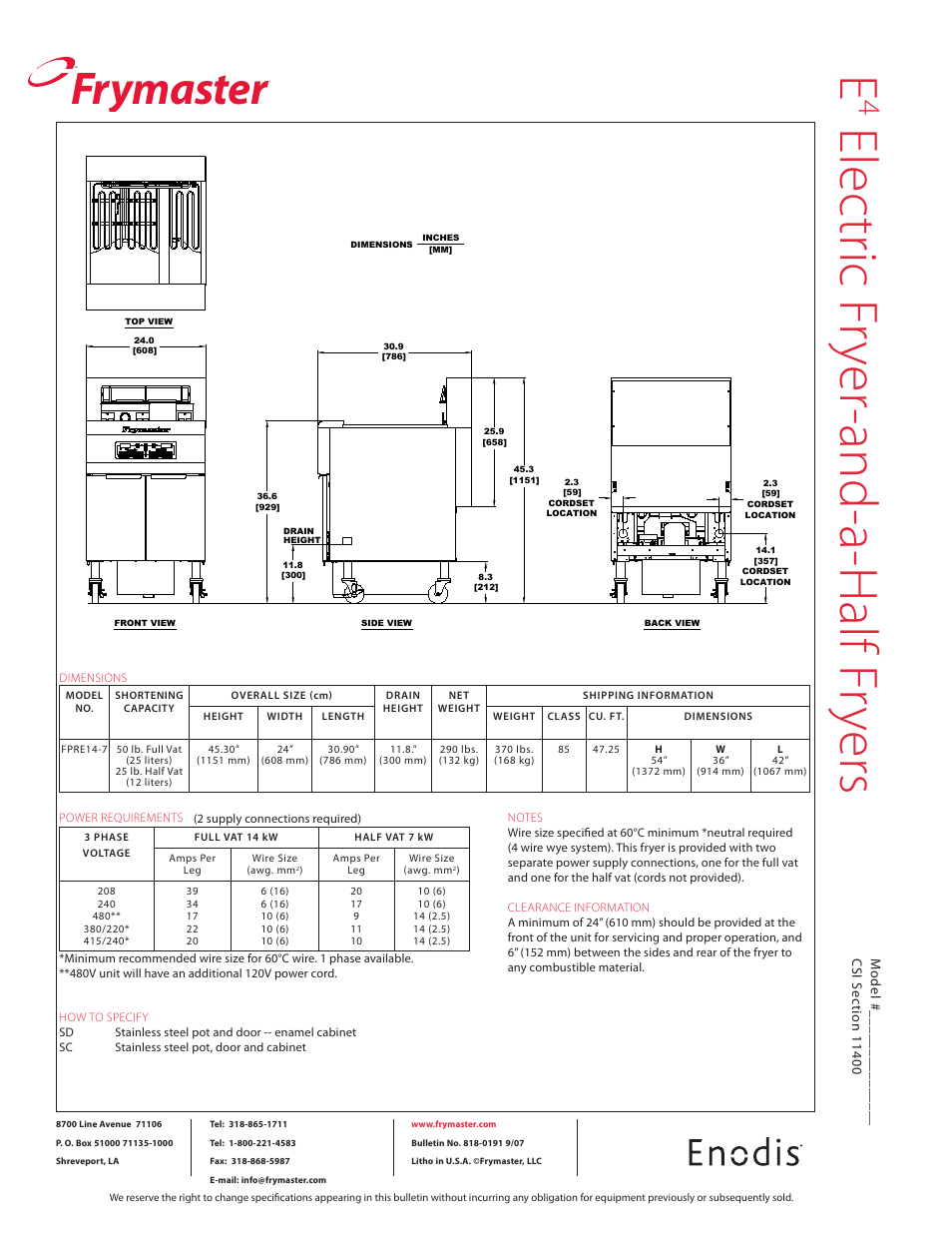 Ele ctr ic f ry er- an d- a-h alf fr ye rs, Frymaster | Frymaster Enodis FPRE14-7 User Manual | Page 2 / 2