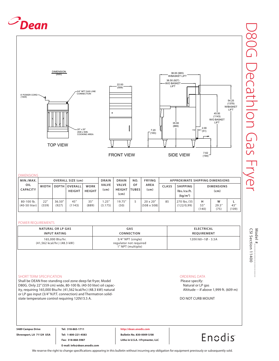 D80 g d ec ath lo n g as fr ye r, Dean | Frymaster D580G User Manual | Page 2 / 2