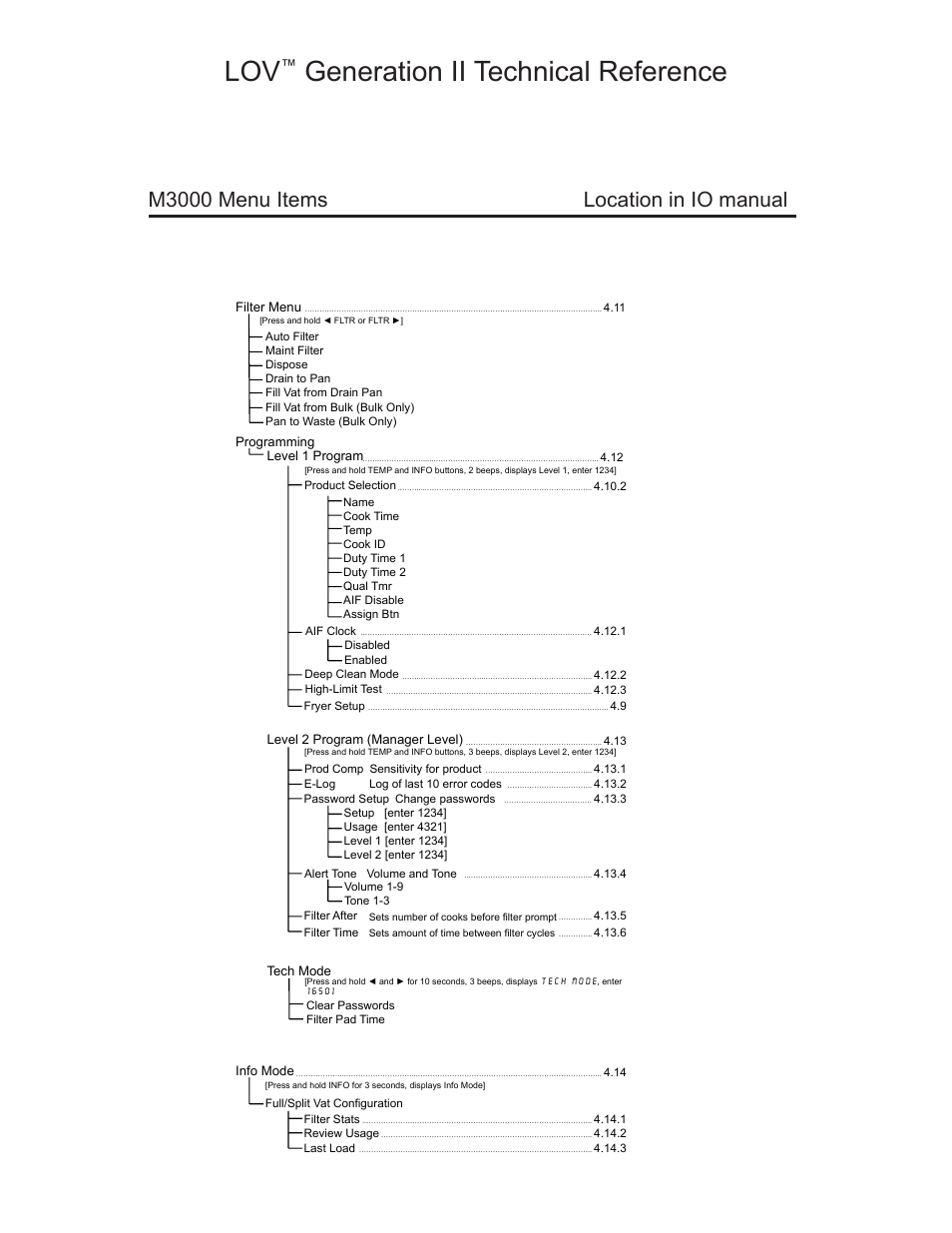 Generation ii technical reference, M3000 menu items location in io manual | Frymaster LOV M3000 User Manual | Page 20 / 50