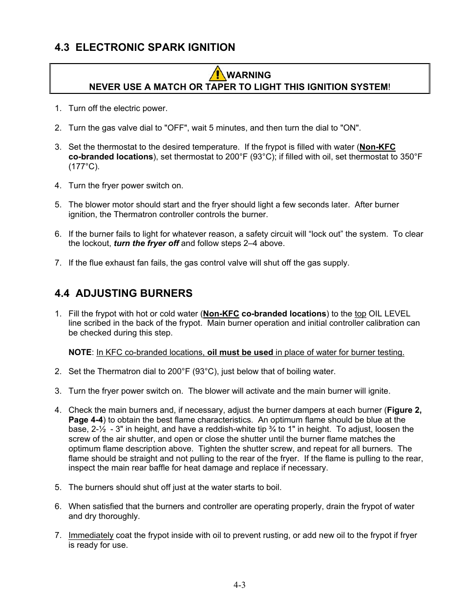 3 electronic spark ignition, 4 adjusting burners | Frymaster 1824G User Manual | Page 19 / 44