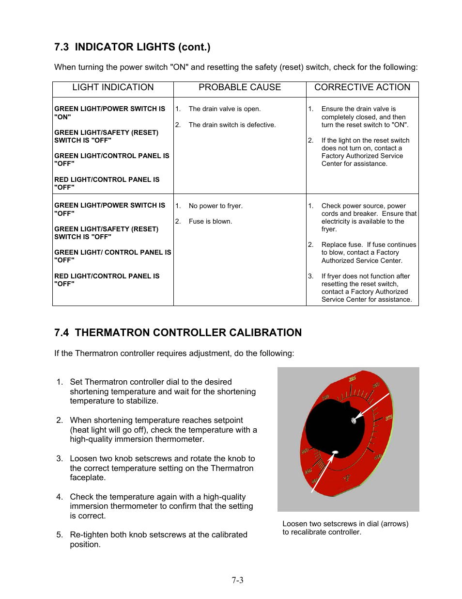 3 indicator lights (cont.), 4 thermatron controller calibration | Frymaster 1824G User Manual | Page 39 / 44