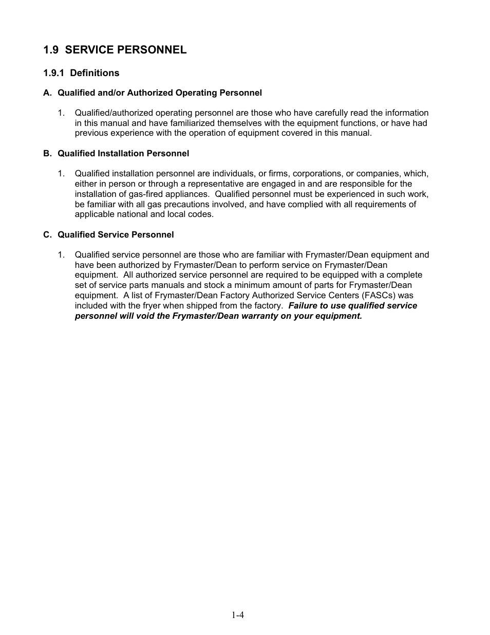 9 service personnel | Frymaster 1824G User Manual | Page 8 / 44