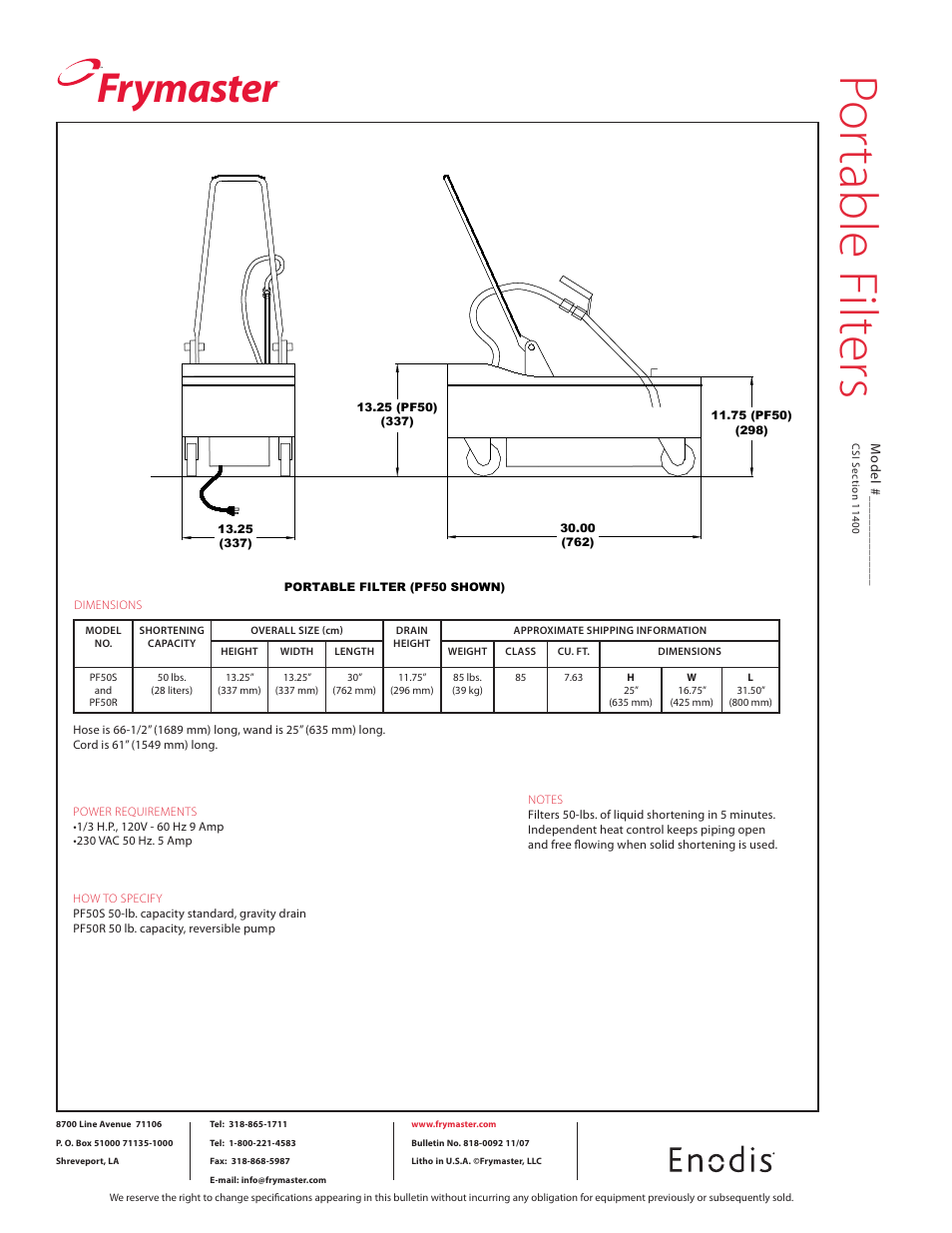 Po rta ble fil te rs, Frymaster | Frymaster Enodis PF50R User Manual | Page 2 / 2