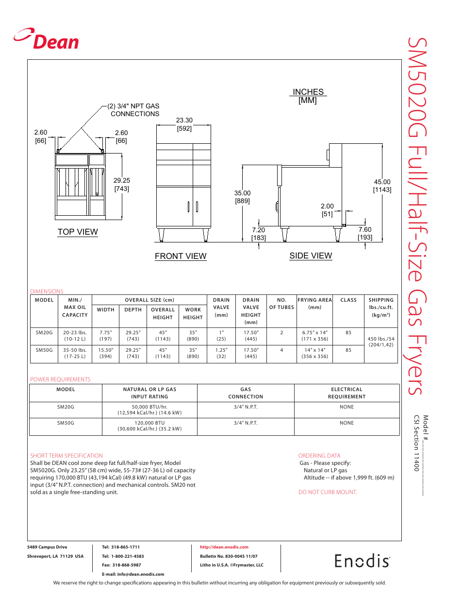 Sm 50 20 g fu ll/ h alf -s ize g as fr ye rs, Dean | Frymaster SM5020G User Manual | Page 2 / 2