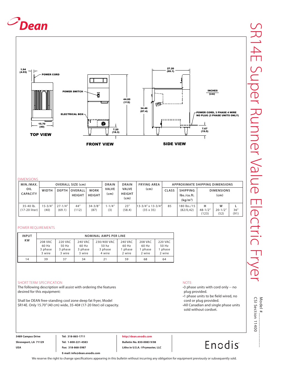 Dean | Frymaster SR14E User Manual | Page 2 / 2