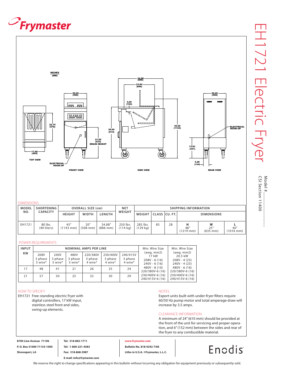 Eh 17 21 e le ctr ic f ry er, Frymaster | Frymaster EH1721 User Manual | Page 2 / 2