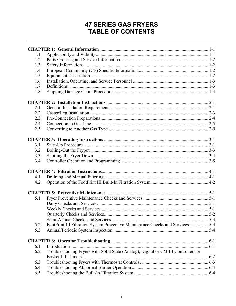 47 series gas fryers table of contents | Frymaster 47 Series User Manual | Page 4 / 44