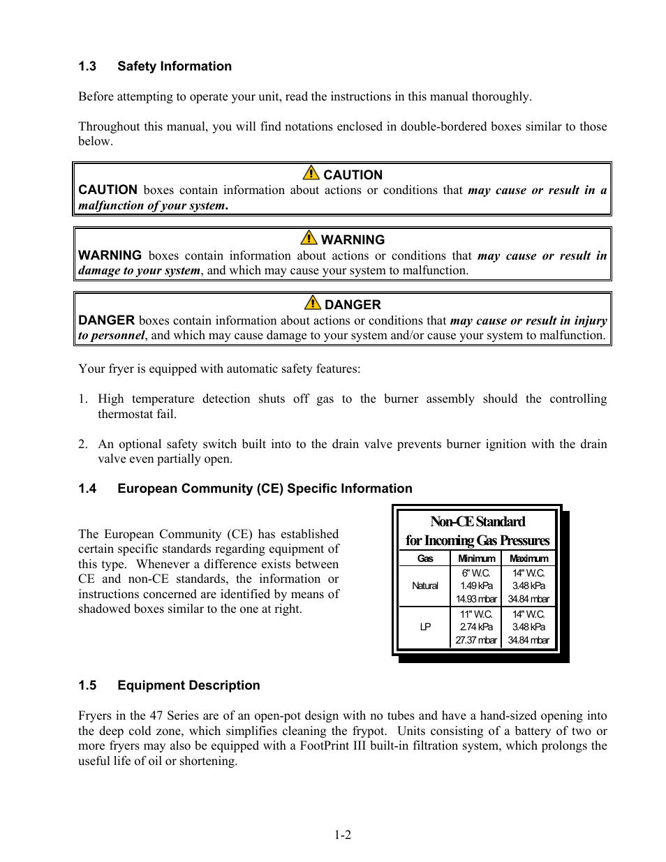 Non-ce standard for incoming gas pressures | Frymaster 47 Series User Manual | Page 6 / 44