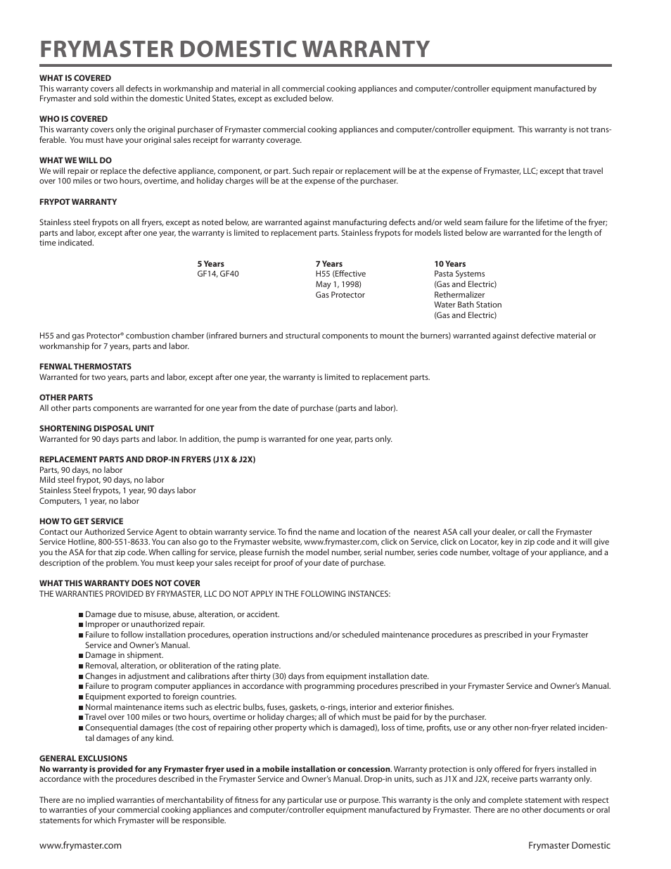 Frymaster domestic warranty | Frymaster MASTERJET J1X User Manual | Page 5 / 44