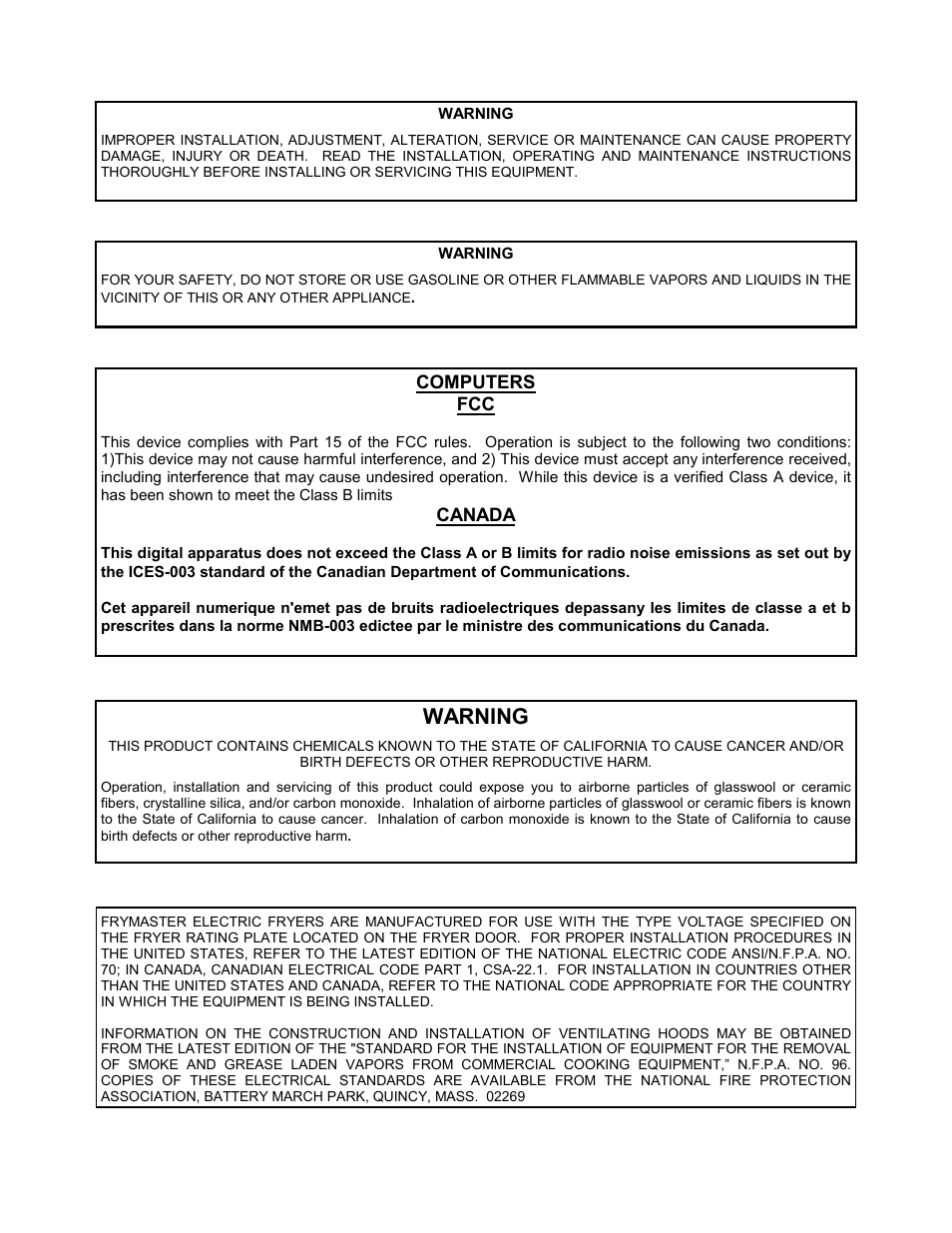 Warning | Frymaster BIH series User Manual | Page 2 / 27