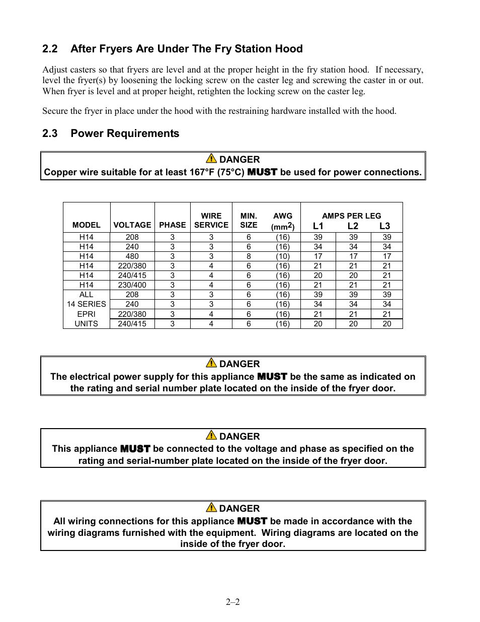 2 after fryers are under the fry station hood, 3 power requirements | Frymaster BIH series User Manual | Page 9 / 27