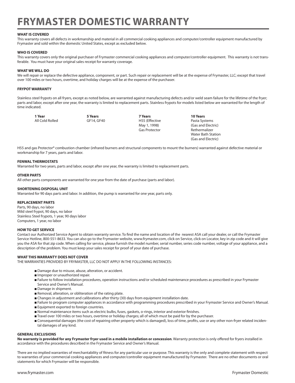 Frymaster domestic warranty | Frymaster 8SMS User Manual | Page 2 / 54