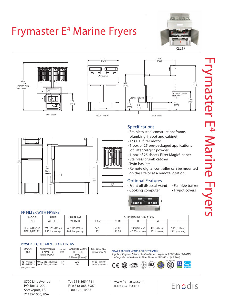 Fr ym as te r e, Mar in e f ry er s, Frymaster e | Marine fryers | Frymaster Enodis E4 User Manual | Page 2 / 2