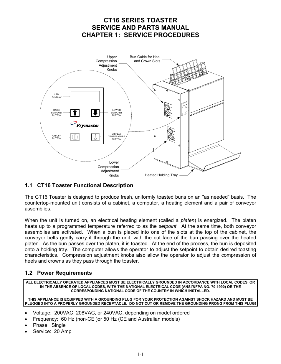 Redy, 1 ct16 toaster functional description, 2 power requirements | Frymaster CT16 Series User Manual | Page 3 / 26