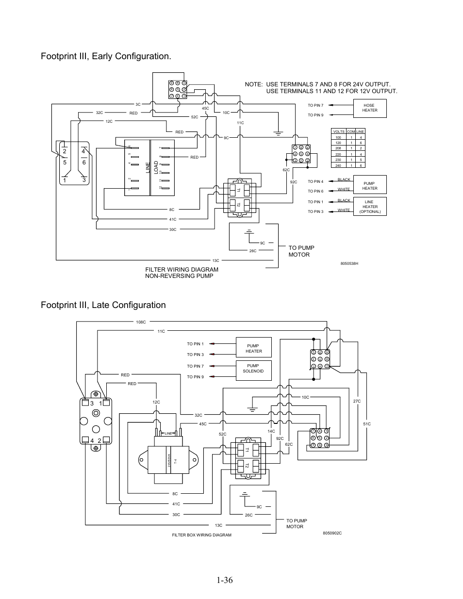 36 footprint iii, early configuration, Footprint iii, late configuration, Filter wiring diagram non-reversing pump | Frymaster H17 User Manual | Page 40 / 86